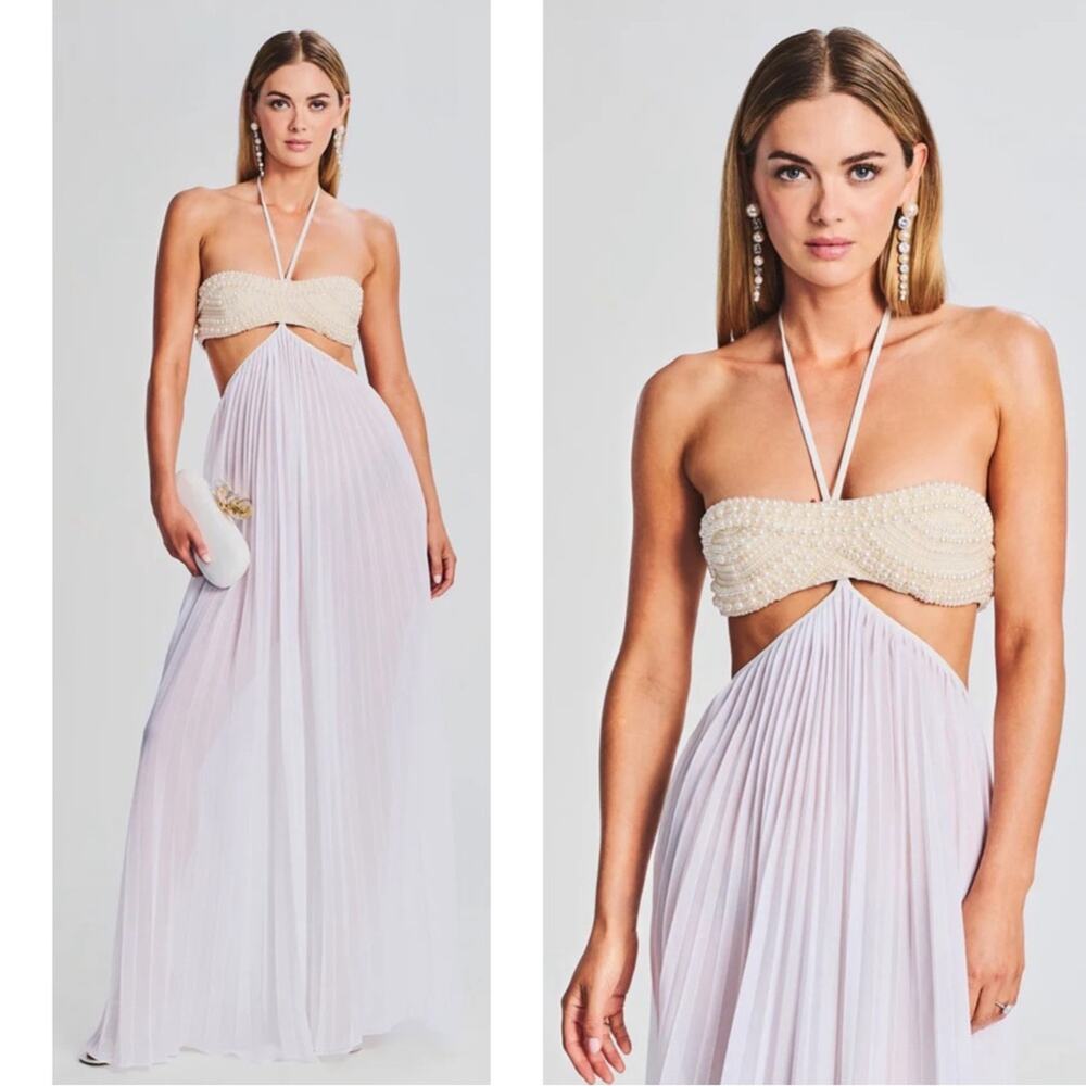 RETROFETE Ximena Pearl Embellished Cutout Pleated White Maxi Dress Size XL - Picture 1 of 10